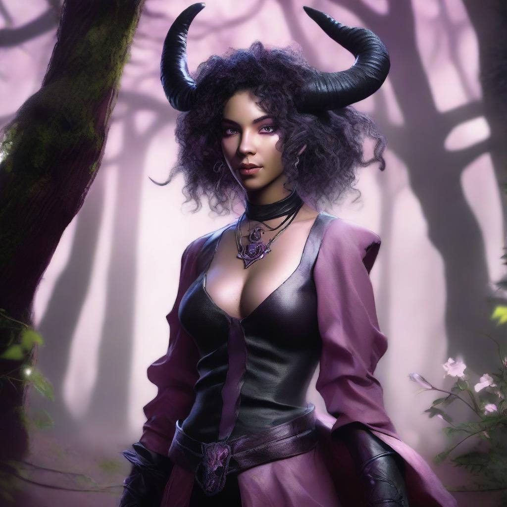 A female tiefling character with pink skin, black curly hair, small ram horns, and pitch black eyes