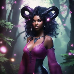 A female tiefling character with pink skin, black curly hair, small ram horns, and pitch black eyes