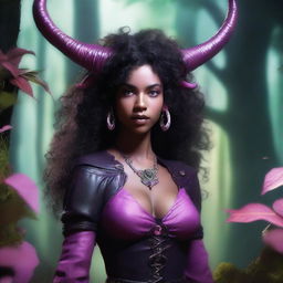 A female tiefling character with pink skin, black curly hair, small ram horns, and pitch black eyes