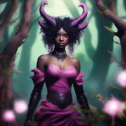 A female tiefling character with pink skin, black curly hair, small ram horns, and pitch black eyes