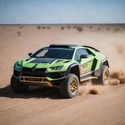 Lamborghini cars transformed into Dakar Rally vehicles, rugged and built for endurance, equipped with large tires, enhanced suspension and reinforced bodywork for the toughest terrains.