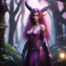 A female tiefling character with pink skin, curly hair, and small ram horns