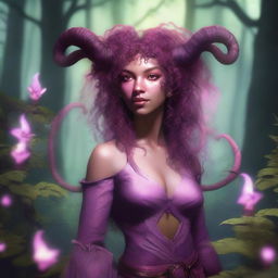 A female tiefling character with pink skin, curly hair, and small ram horns