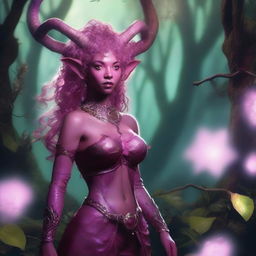 A female tiefling character with pink skin, curly hair, and small ram horns