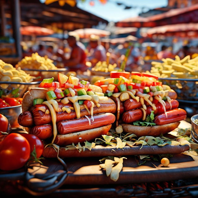 A realistic and appetizing image of Chilean completos, hot dogs topped with avocado, tomatoes, mayonnaise, and sauerkraut, set in a bustling Chilean street market