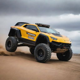 Lamborghini cars transformed into Dakar Rally vehicles, rugged and built for endurance, equipped with large tires, enhanced suspension and reinforced bodywork for the toughest terrains.