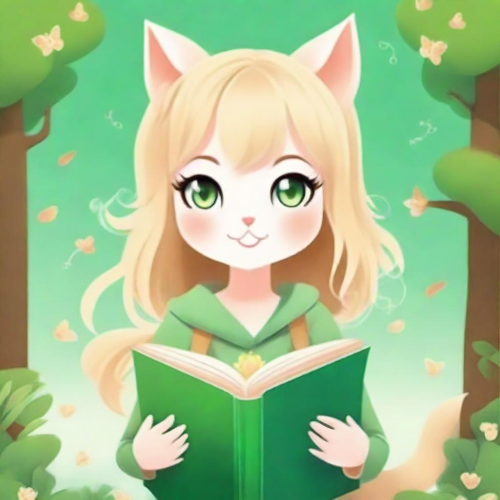 A vertical book cover featuring a cute catgirl with blonde hair and green eyes