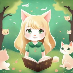 A vertical book cover featuring a cute catgirl with blonde hair and green eyes