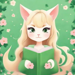 A vertical book cover featuring a cute catgirl with blonde hair and green eyes