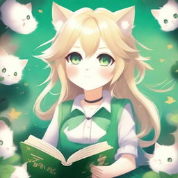 A vertical book cover featuring a cute catgirl with blonde hair and green eyes in an anime art style