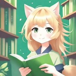 A vertical book cover featuring a cute catgirl with blonde hair and green eyes in an anime art style