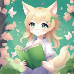 A vertical book cover featuring a cute catgirl with blonde hair and green eyes in an anime art style