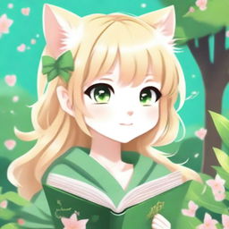 A vertical book cover featuring a cute catgirl with blonde hair and green eyes in an anime art style