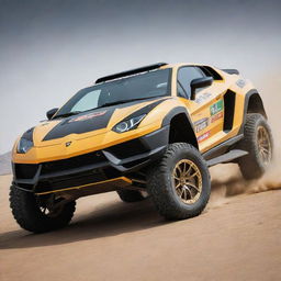 Lamborghini cars transformed into Dakar Rally vehicles, rugged and built for endurance, equipped with large tires, enhanced suspension and reinforced bodywork for the toughest terrains.