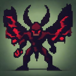 Create a pixelated image of a menacing demon icon with sharp features and glowing eyes