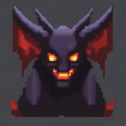 Create a pixelated image of a menacing demon icon with sharp features and glowing eyes