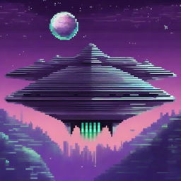 Create a pixelated image of a massive alien spaceship viewed from above