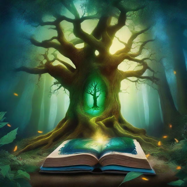 Create a captivating book cover featuring a mystical forest with ancient trees and glowing magical elements