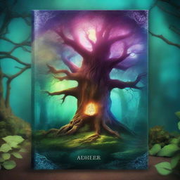 Create a captivating book cover featuring a mystical forest with ancient trees and glowing magical elements