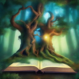 Create a captivating book cover featuring a mystical forest with ancient trees and glowing magical elements