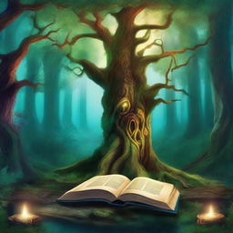 Create a captivating book cover featuring a mystical forest with ancient trees and glowing magical elements