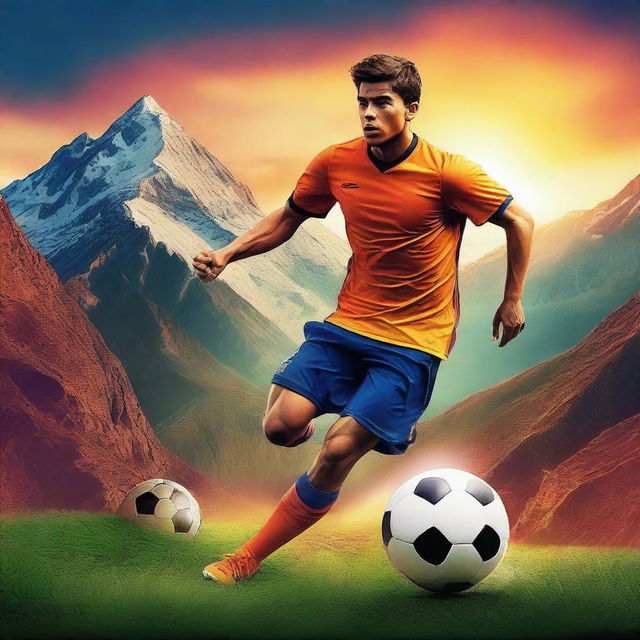 Create a vibrant movie poster featuring a soccer player on an epic adventure