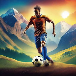 Create a vibrant movie poster featuring a soccer player on an epic adventure