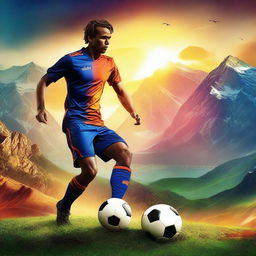 Create a vibrant movie poster featuring a soccer player on an epic adventure