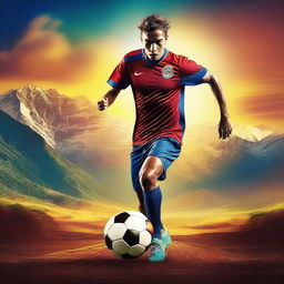 Create a vibrant movie poster featuring a soccer player on an epic adventure