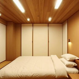 Comfortable Japandi-style bedroom, 5 meters by 4 meters, illuminated by hanging lights. Features include a king-size bed, Lenin curtains, HDF flooring, a flat false ceiling, magnetic tracks, and an open dressing room, all in an off-white color scheme.