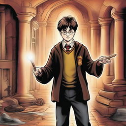 A detailed illustration of Harry Potter and the Chamber of Secrets, featuring Harry Potter holding his wand, surrounded by mystical elements and the entrance to the Chamber of Secrets