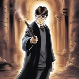 A detailed illustration of Harry Potter and the Chamber of Secrets, featuring Harry Potter holding his wand, surrounded by mystical elements and the entrance to the Chamber of Secrets