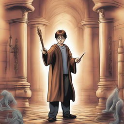 A detailed illustration of Harry Potter and the Chamber of Secrets, featuring Harry Potter holding his wand, surrounded by mystical elements and the entrance to the Chamber of Secrets