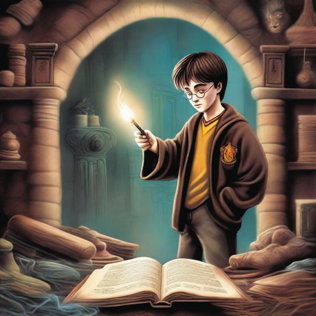 A detailed illustration of Harry Potter and the Chamber of Secrets, featuring Harry Potter holding his wand, surrounded by mystical elements and the entrance to the Chamber of Secrets