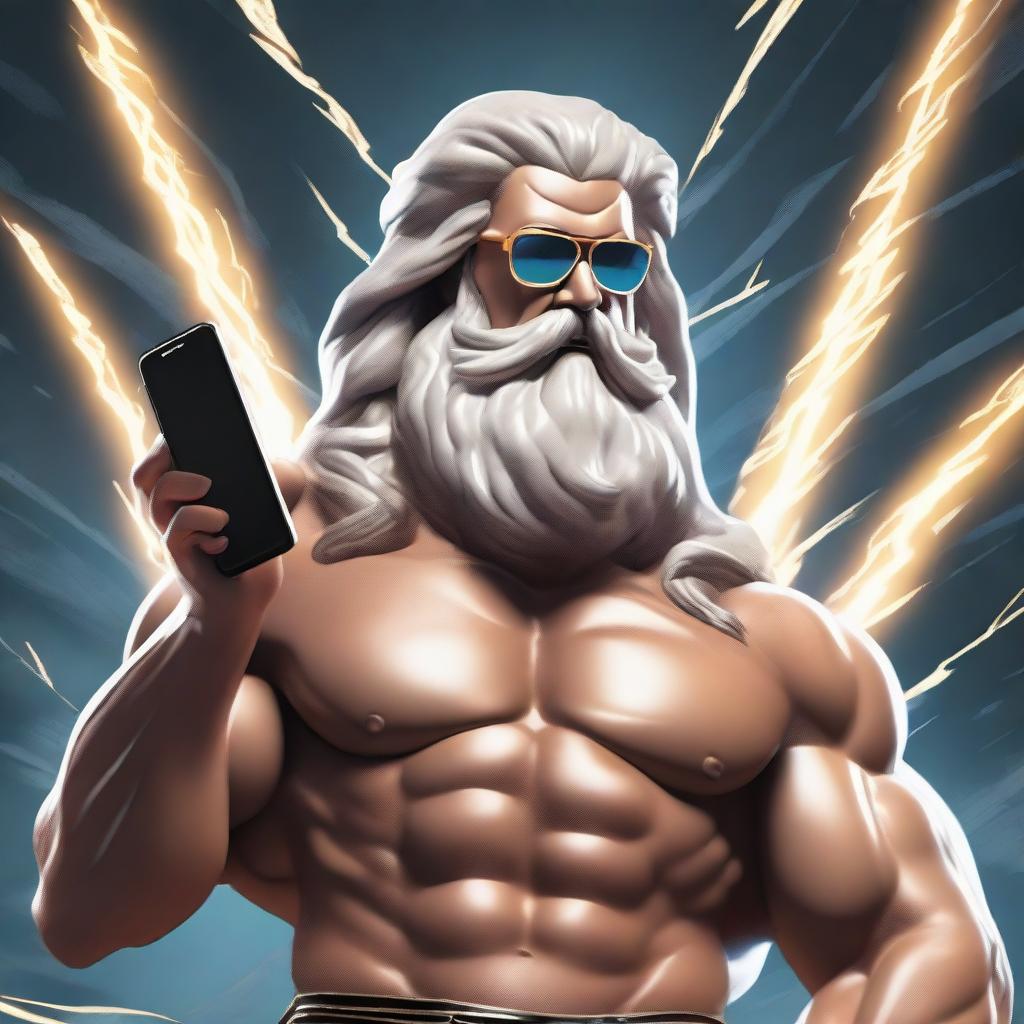 A powerful depiction of Zeus, the Greek god of thunder, wearing stylish sunglasses and holding a modern smartphone