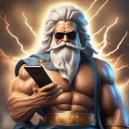 A powerful depiction of Zeus, the Greek god of thunder, wearing stylish sunglasses and holding a modern smartphone