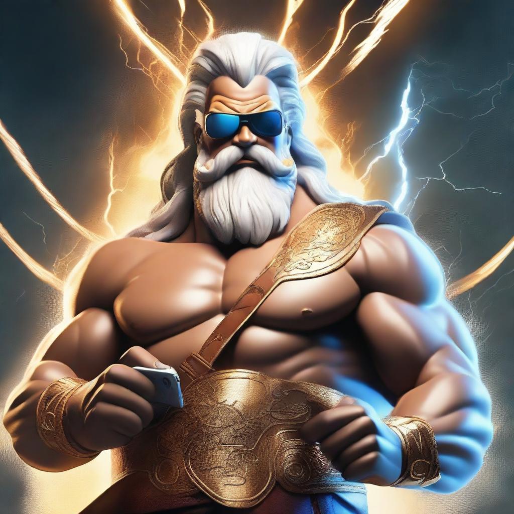 A powerful depiction of Zeus, the Greek god of thunder, wearing stylish sunglasses and holding a modern smartphone