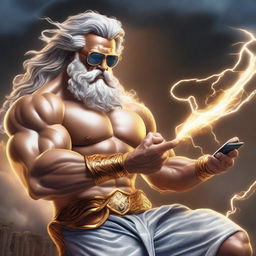 A powerful depiction of Zeus, the Greek god of thunder, wearing stylish sunglasses and holding a modern smartphone