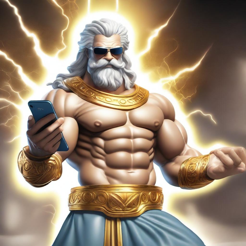 A majestic and cool-looking Zeus, the Greek god of thunder, wearing stylish sunglasses and confidently showing off a modern smartphone