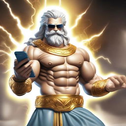 A majestic and cool-looking Zeus, the Greek god of thunder, wearing stylish sunglasses and confidently showing off a modern smartphone