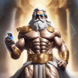 A majestic and cool-looking Zeus, the Greek god of thunder, wearing stylish sunglasses and confidently showing off a modern smartphone