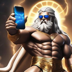 A majestic and cool-looking Zeus, the Greek god of thunder, wearing stylish sunglasses and confidently showing off a modern smartphone