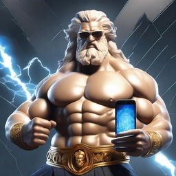 A majestic and cool-looking Zeus, the Greek god of thunder, wearing stylish sunglasses and confidently showing off a modern smartphone