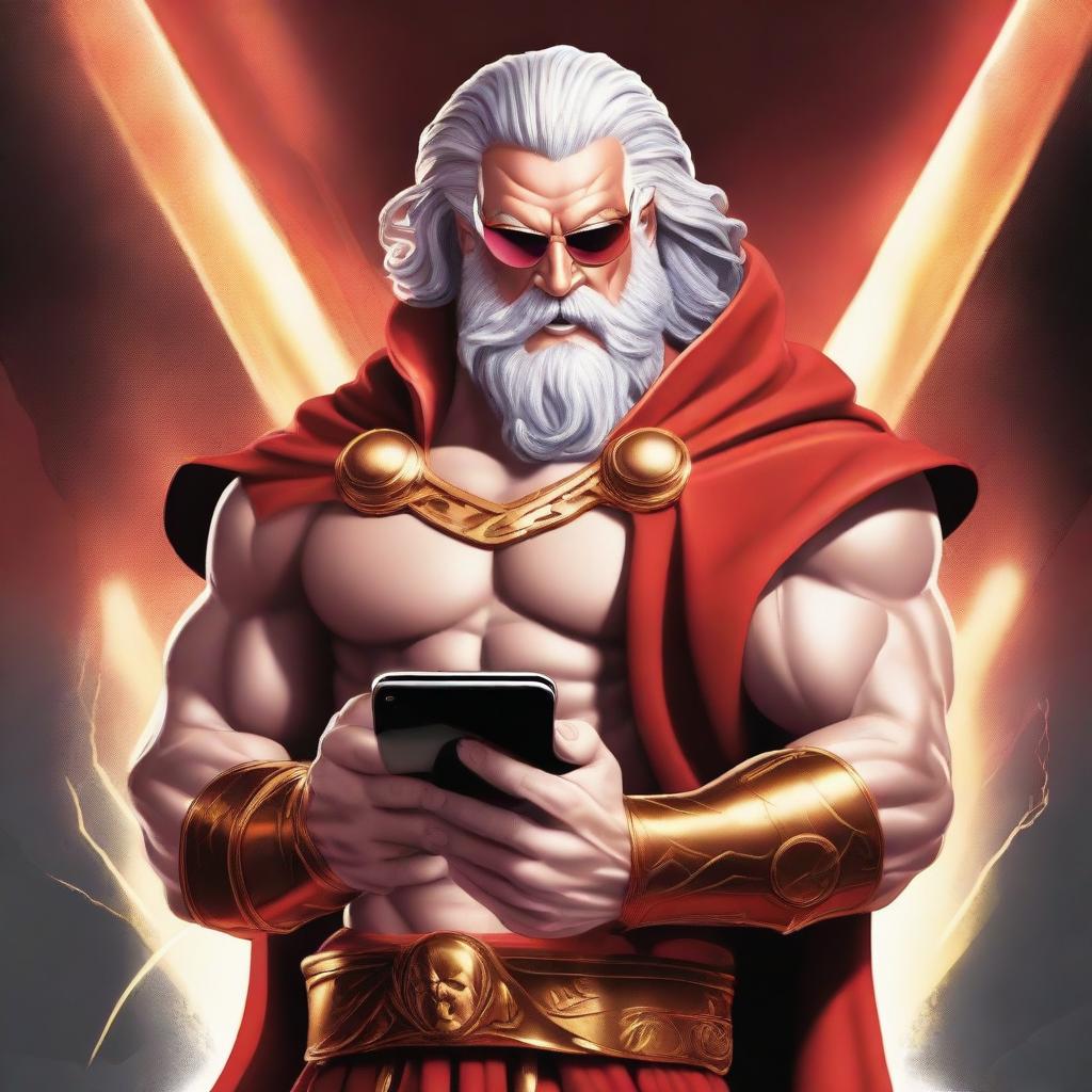 A majestic and cool-looking Zeus, the Greek god of thunder, wearing stylish sunglasses and a flowing red cape, confidently showing off a modern smartphone