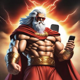 A majestic and cool-looking Zeus, the Greek god of thunder, wearing stylish sunglasses and a flowing red cape, confidently showing off a modern smartphone