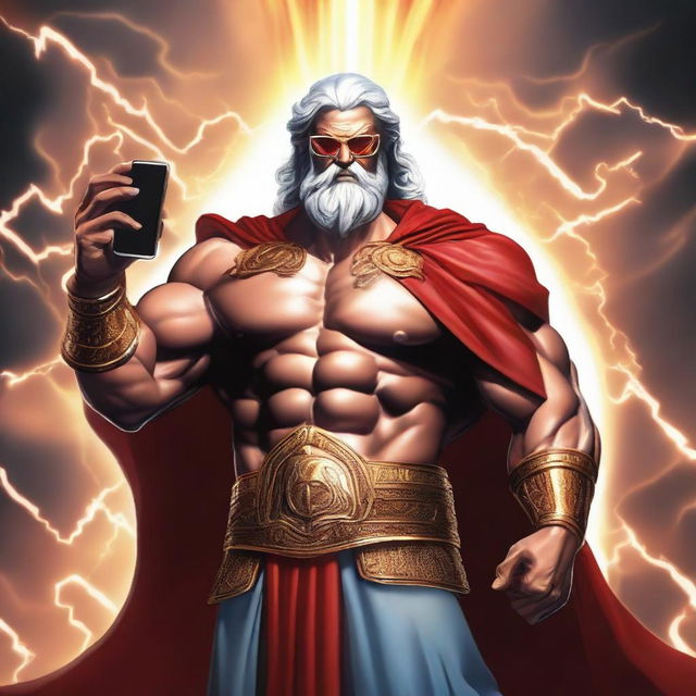 A majestic and cool-looking Zeus, the Greek god of thunder, wearing stylish sunglasses and a flowing red cape, confidently showing off a modern smartphone