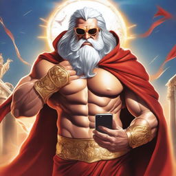 A majestic and cool-looking Zeus, the Greek god of thunder, wearing stylish sunglasses and a flowing red cape, confidently showing off a modern smartphone