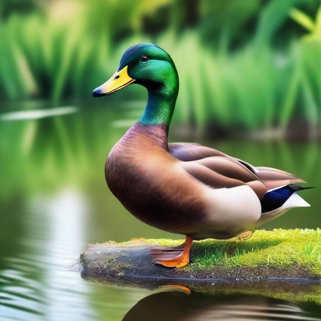 A realistic and detailed image of a duck standing by a pond with lush greenery in the background