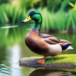 A realistic and detailed image of a duck standing by a pond with lush greenery in the background