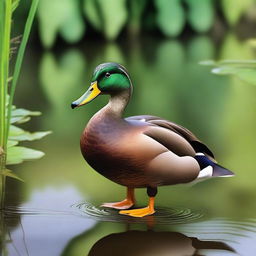 A realistic and detailed image of a duck standing by a pond with lush greenery in the background